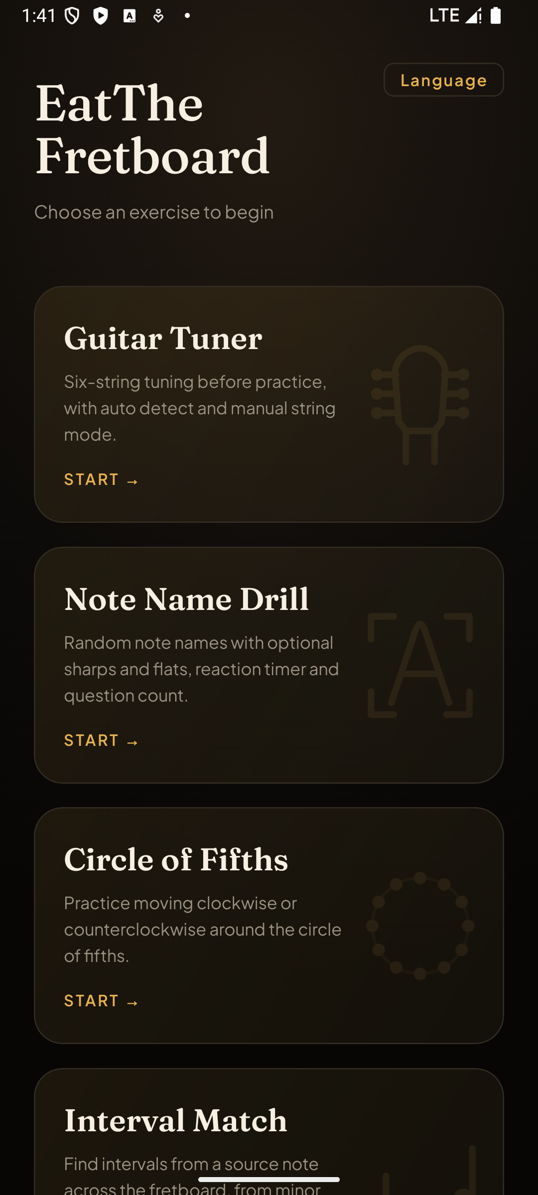 EatTheFretboard English exercise selection screen